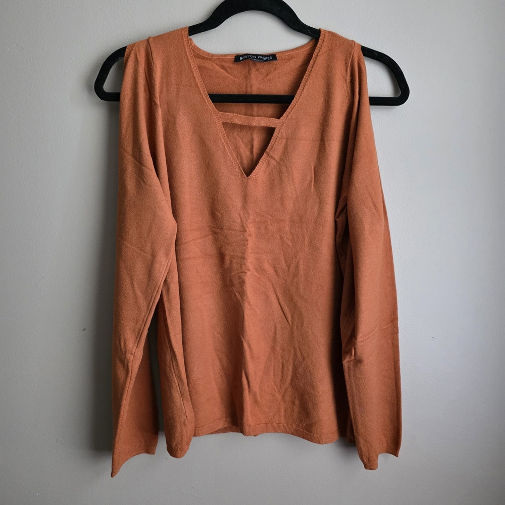 Boston Proper Rust Orange V-Neck Cold Shoulder Long Sleeve Sweater Top Size L